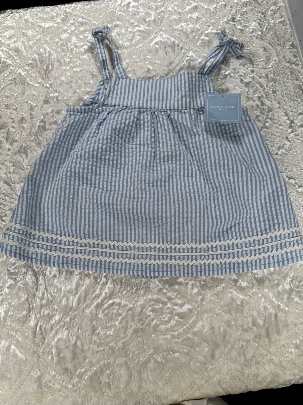 NWT Lands' End TOP ONLY Blue & White Seersucker Baby Sundress